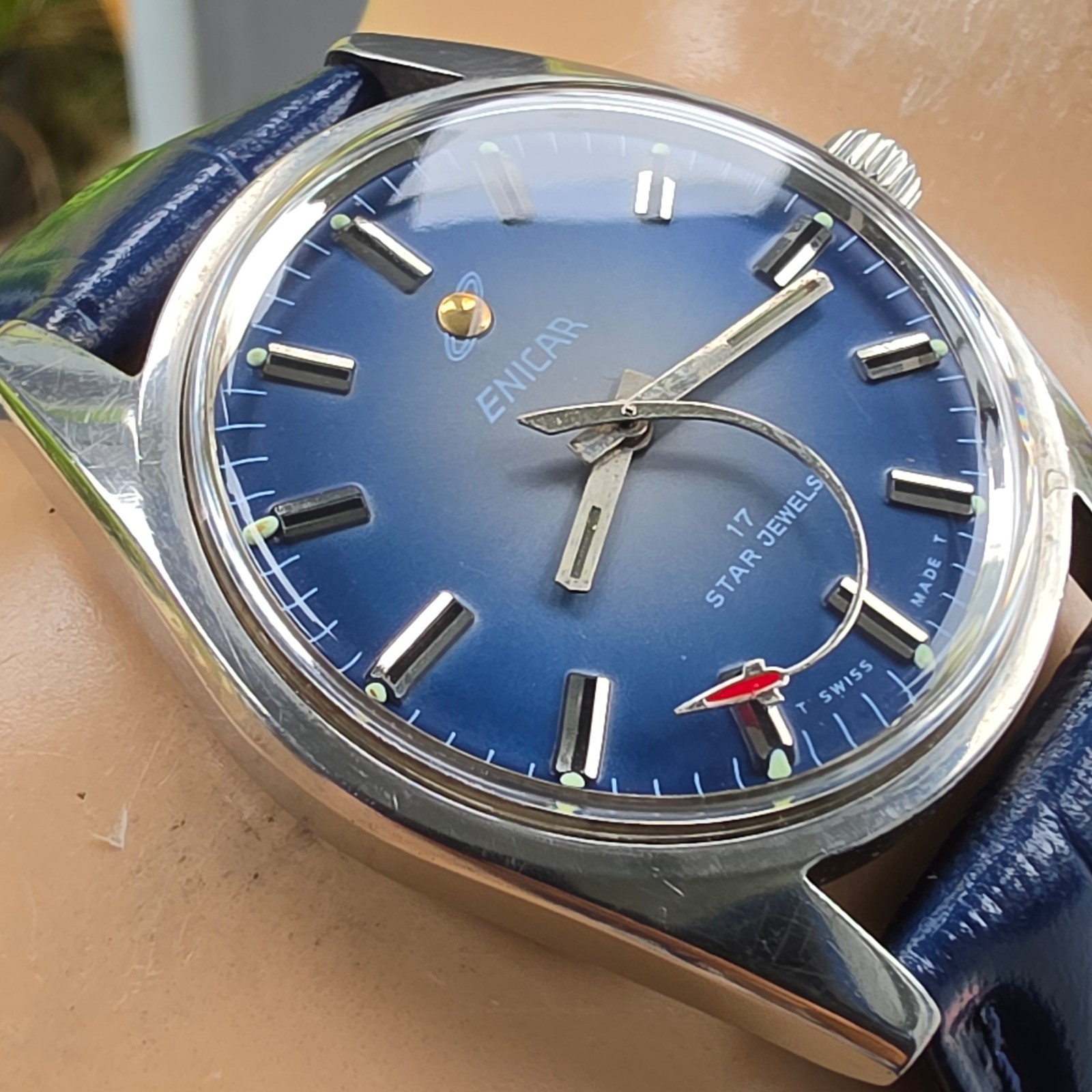 Vintage ENICAR men’s manual wind watch Rocket second hand swiss 1970s