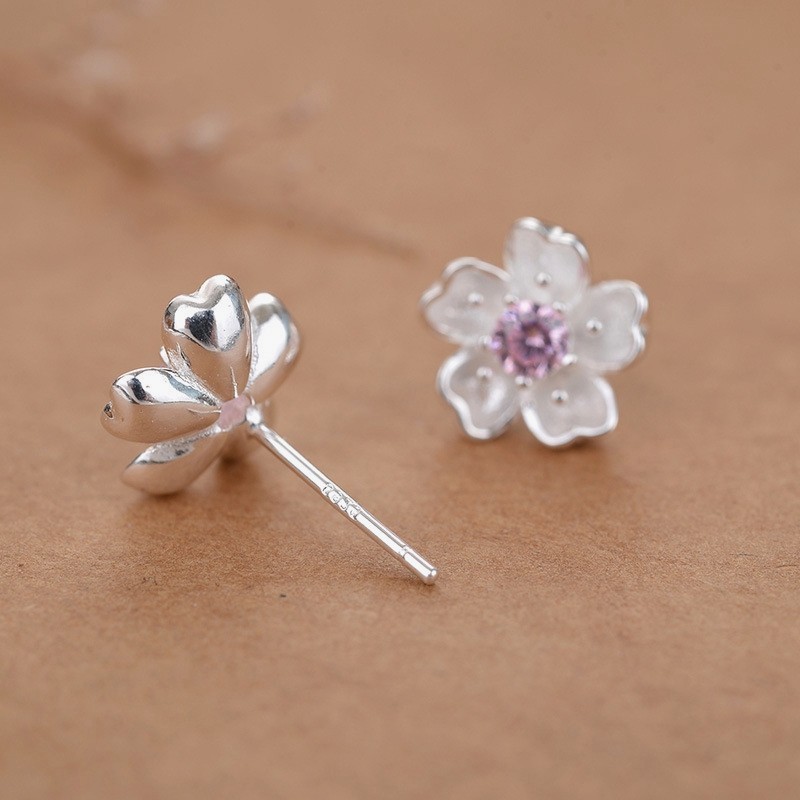 Elegant Pink CZ Center Cherry Blossom Earring Silver Plated Straight Needle Stud