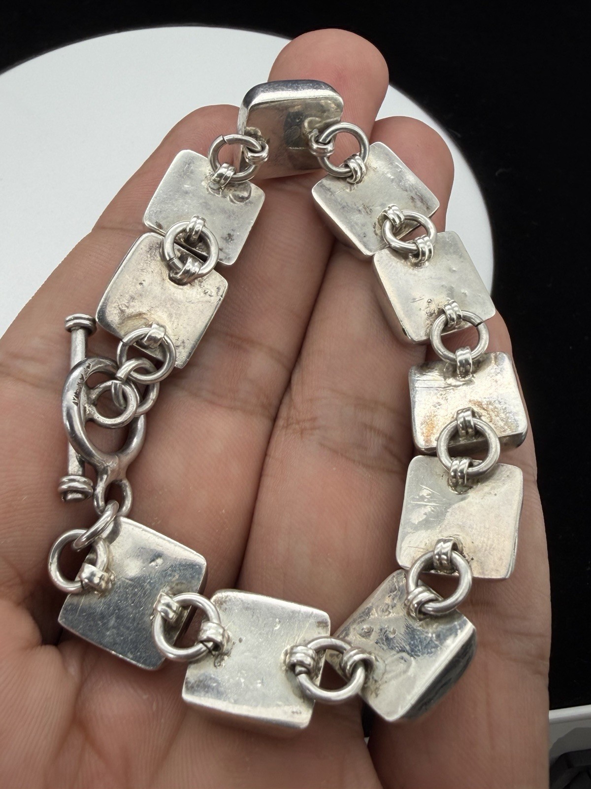 Vintage Mexico Sterling Silver And Inlay Reddish Coral 6.5 Inch Bracelet
