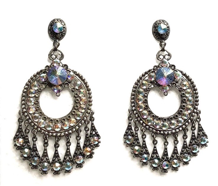 Elo7 Antique Silver Iridescent Rhinestone Tassel Dangling Chandelier Earrings