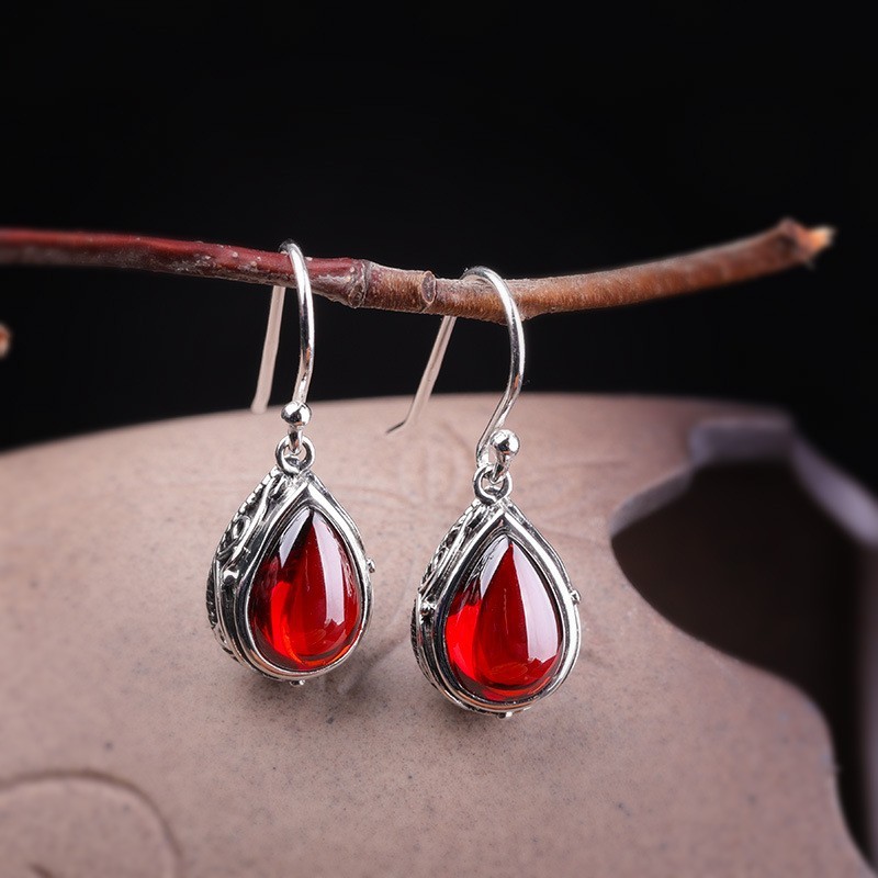 Silver Filigree Teardrop Red CZ Dangle Hook Earrings Vintage Boho Drop Earrings