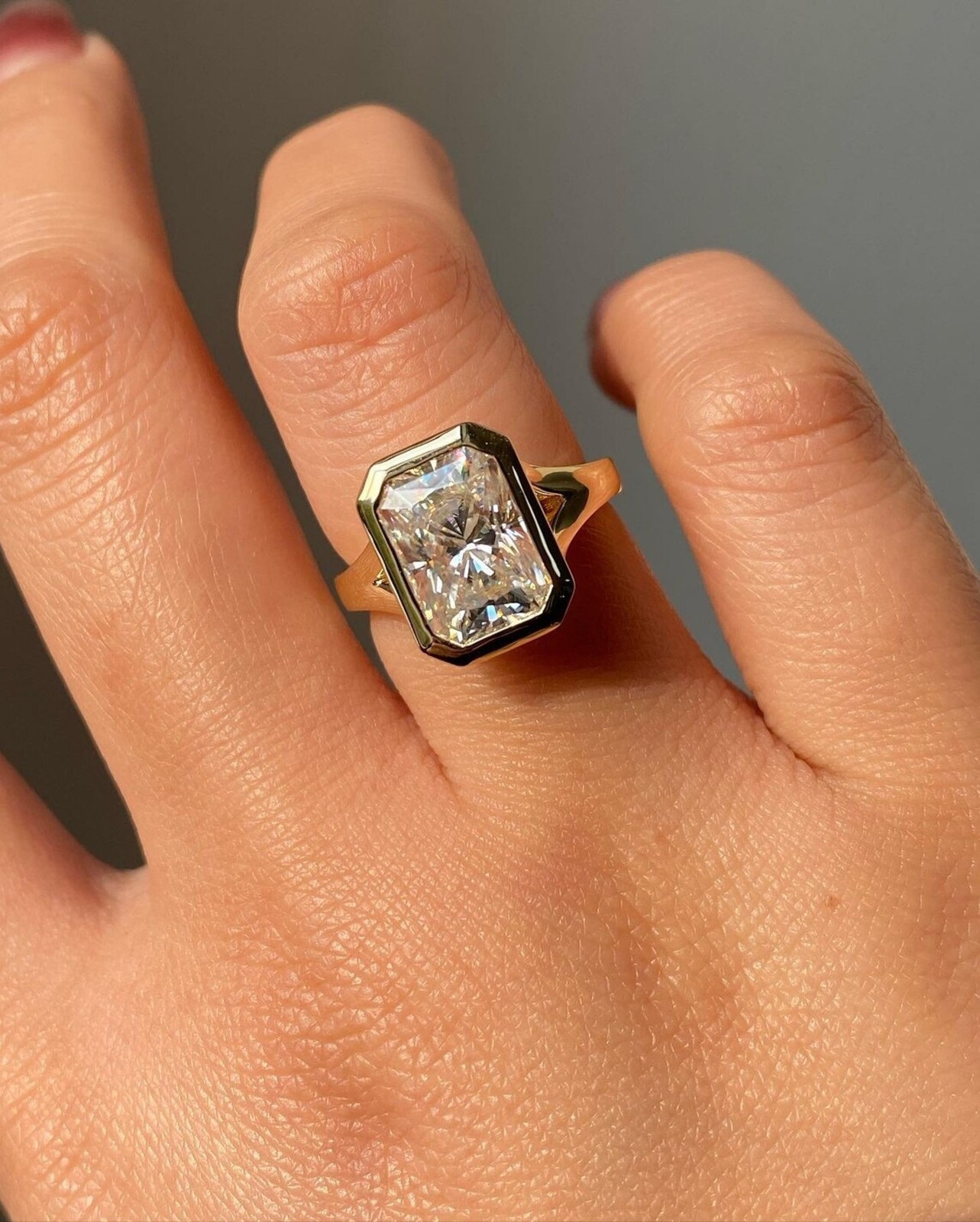 Radiant Cut Moissanite Solitaire Bezel Set Wedding Ring 14K Yellow Gold Plated
