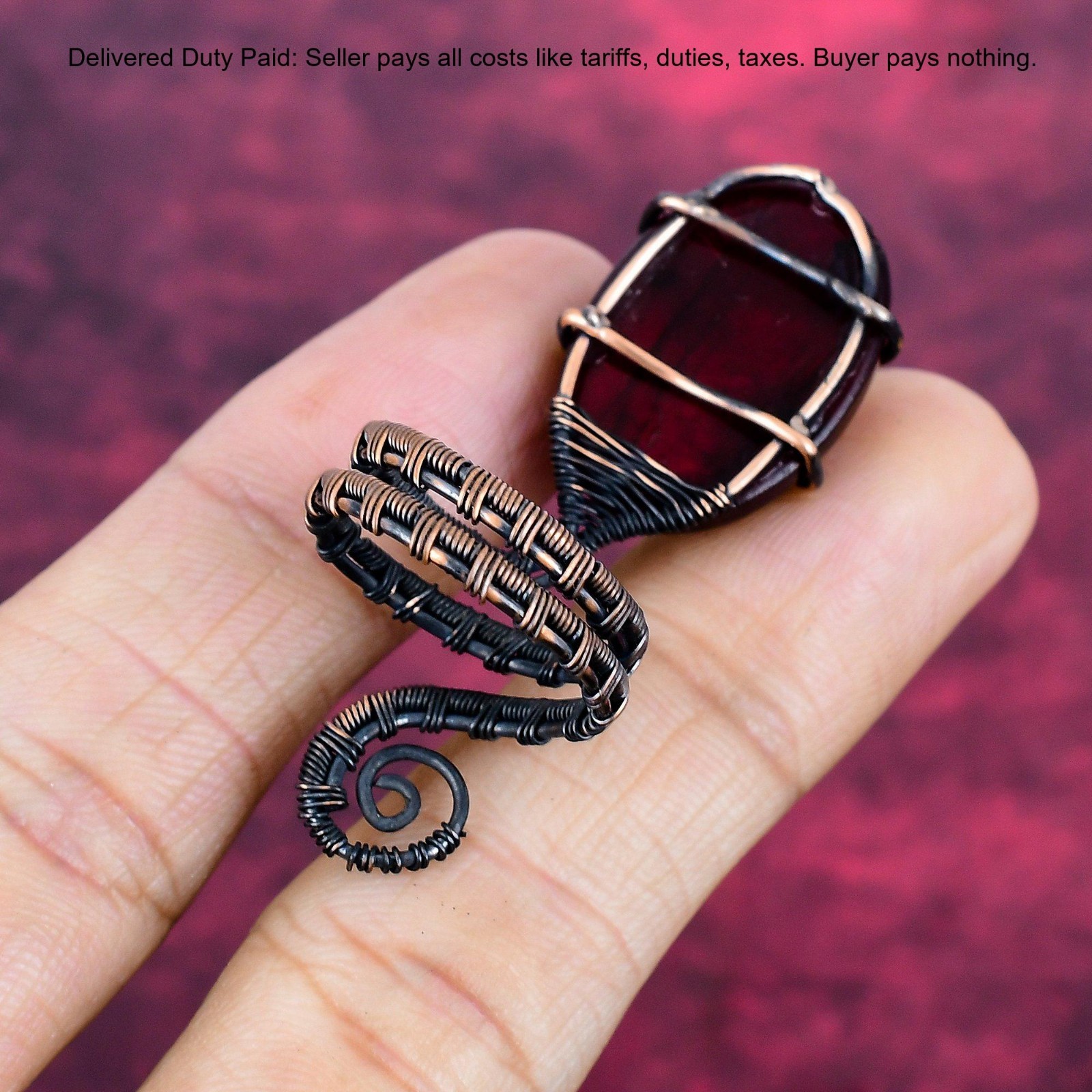 Copper Oval Red Fire Labradorite Stone Stackable Boho Wire Wrapped Sister Ring