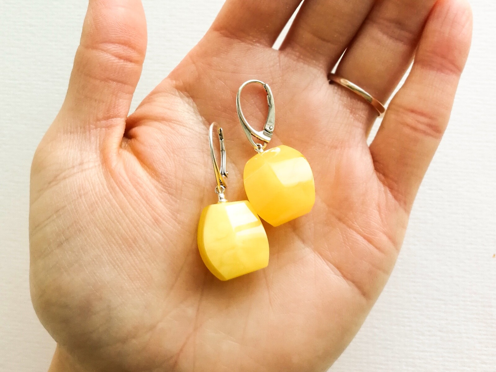 Natural Baltic Amber TORVELA Earrings thick cut shape matt yellow silver 1,57in