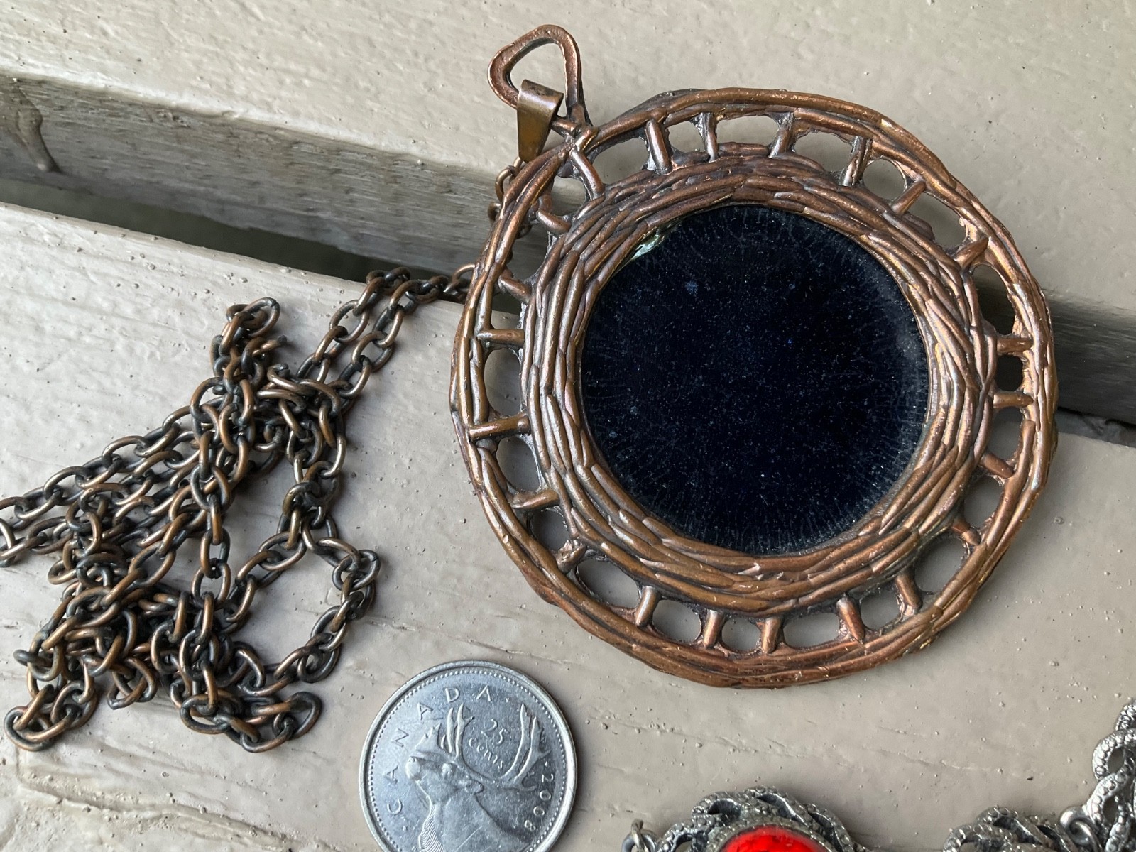 Vintage MCM Modern CERAMIC Lava BRACELET, Big ENAMEL COPPER Pendant NECKLACE