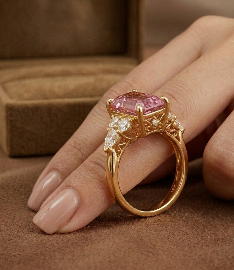 Natural Pink Sapphire & Diamond Wedding Gift Ring 14k Yellow Gold (Import Free)