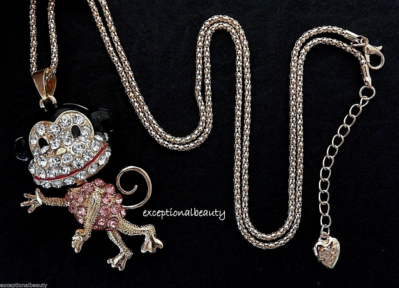 Monkey Moving Head Crystal Rhinestone Pendant Long Chain Sweater 3D Necklace