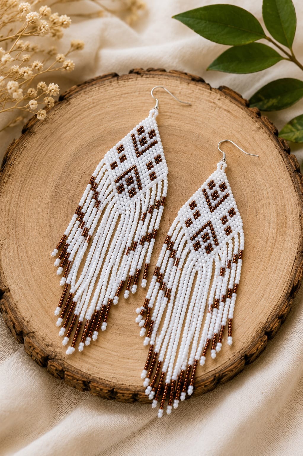 Handmade Seed Bead Fringe Earrings Long Tassel Boho Dangle Statement Jewelry.