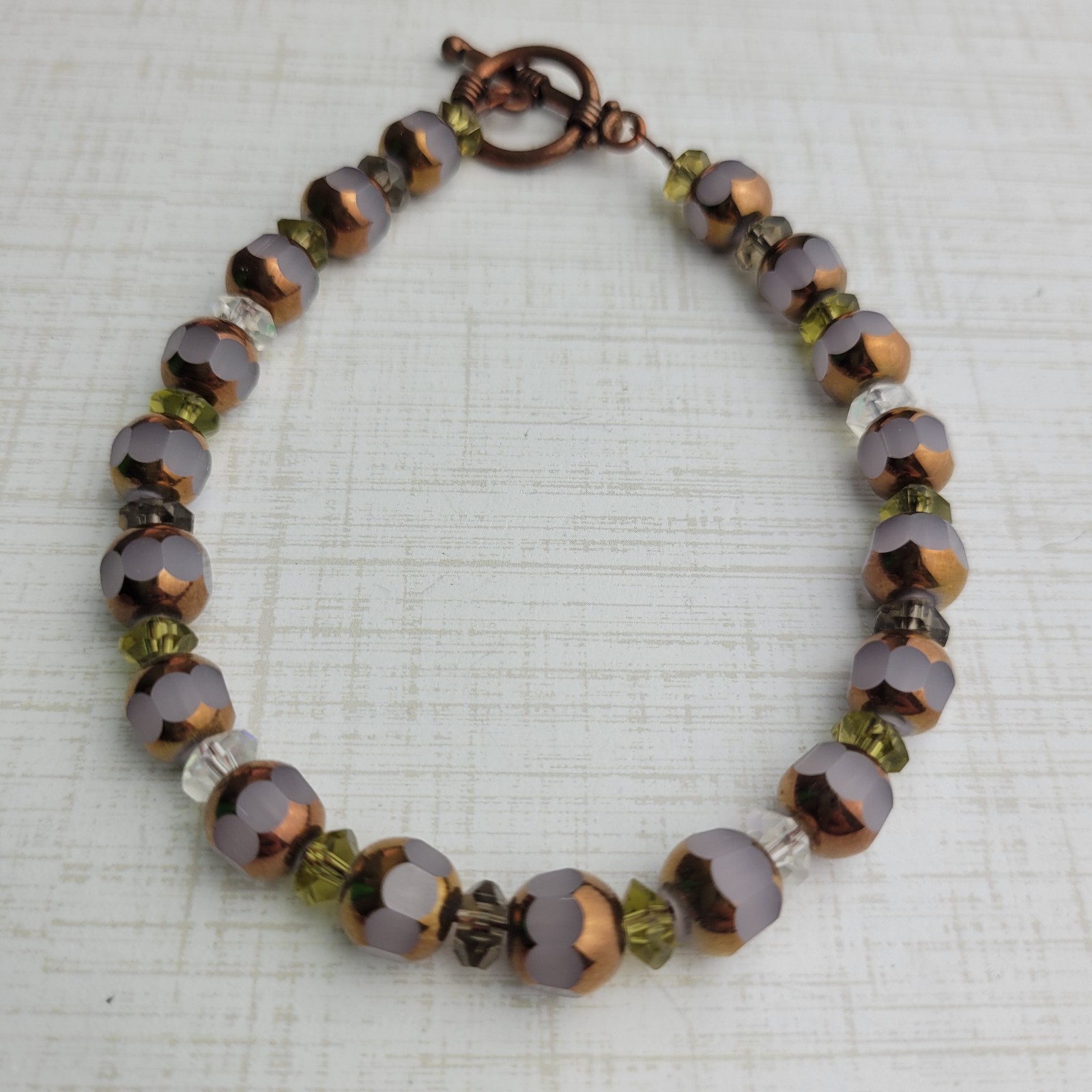 Mauve Copper Colored Glass Bead Bracelet 8″ Artisan Made