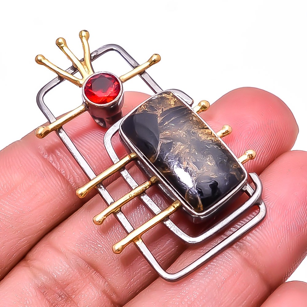 Copper Black Obsidian, Red Garnet Black And Gold Plated 925 Silver Pendant 1.56″