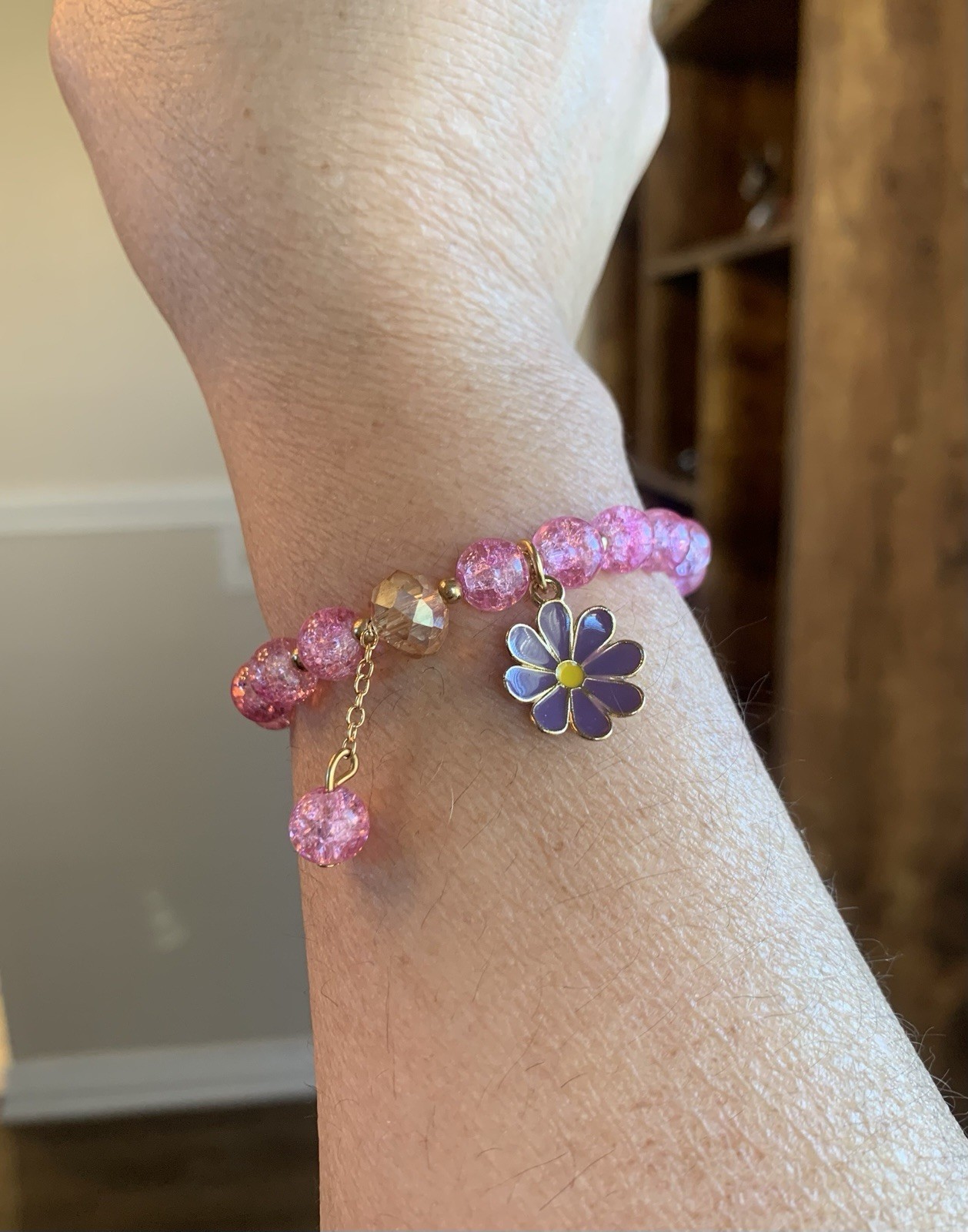 Purple Crystal Round Beaded Stretch Bracelet with Flower Dangle Charm