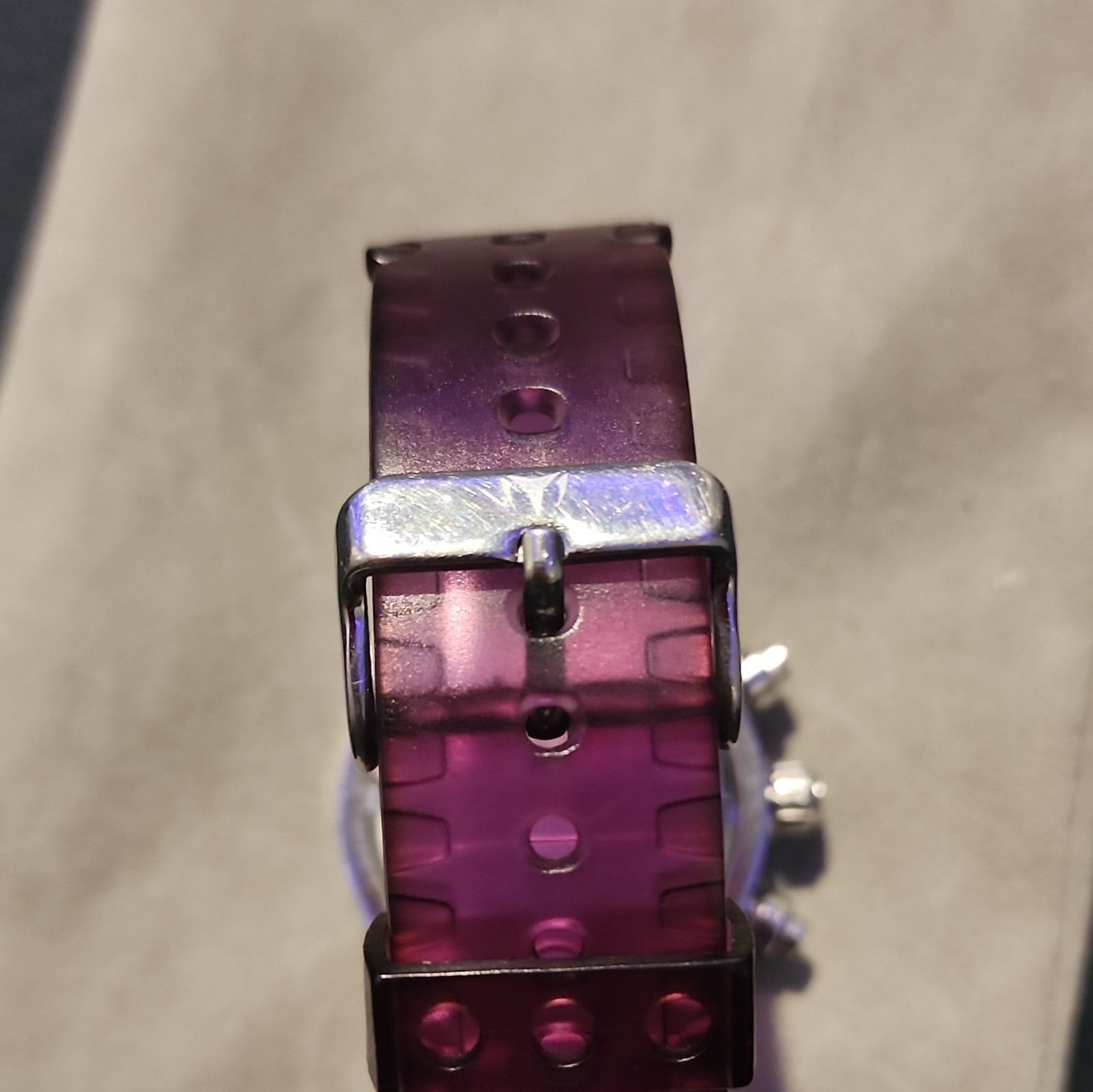 Quartz Chronograph Date Sport Watch, Silver SS Case, Purple Rubber, 50m
