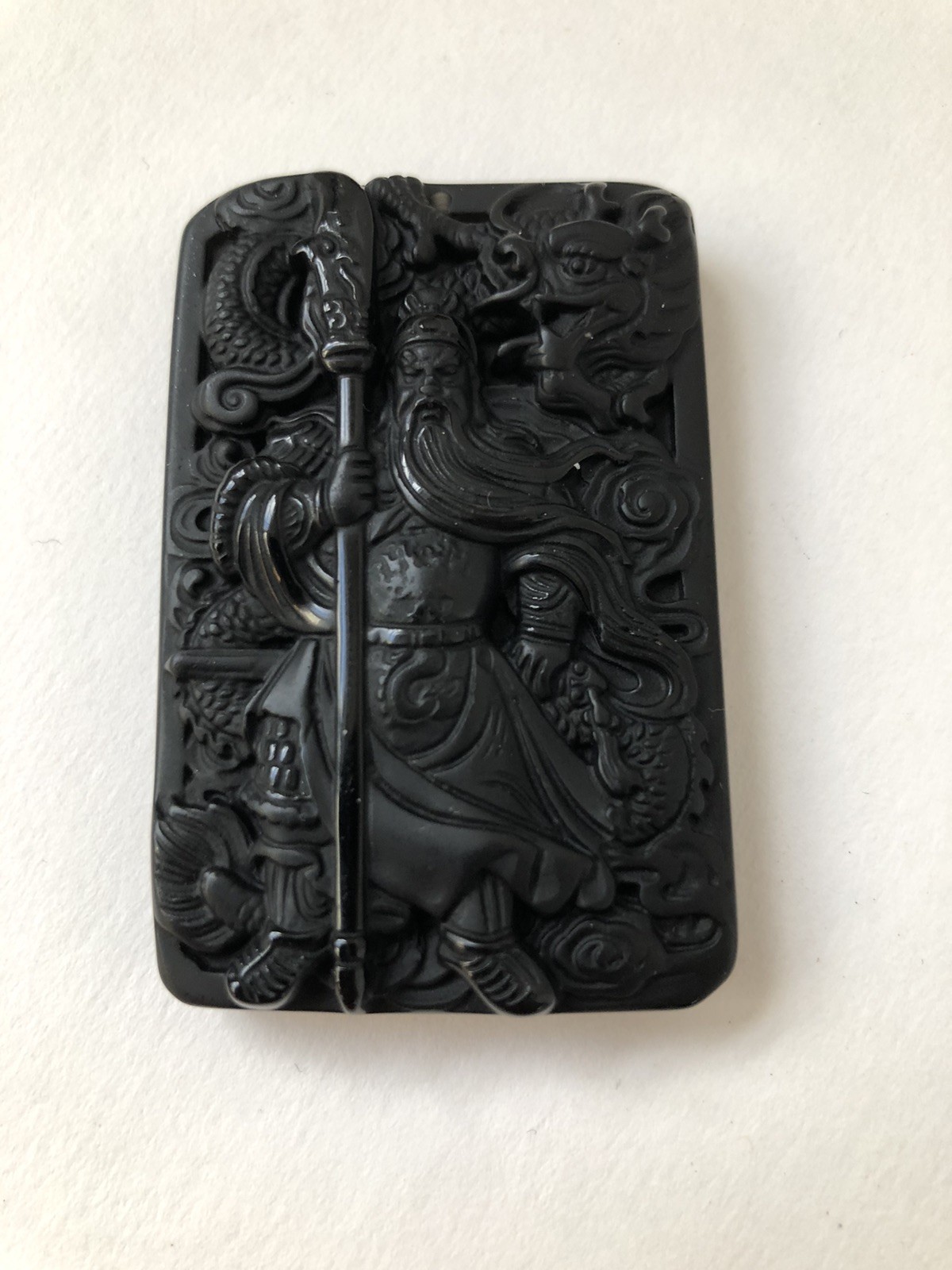 Guan Gong Natural Black Obsidian Necklace Dragon Glass Pendant ‘Guan Yu’ NEW EX