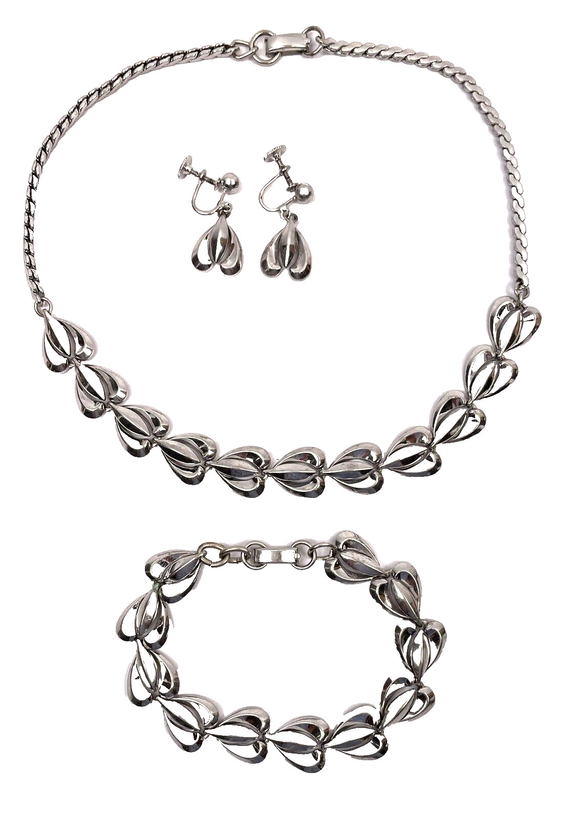 Vintage Lustern Necklace Earrings and Bracelet Set Silver Tone Signed