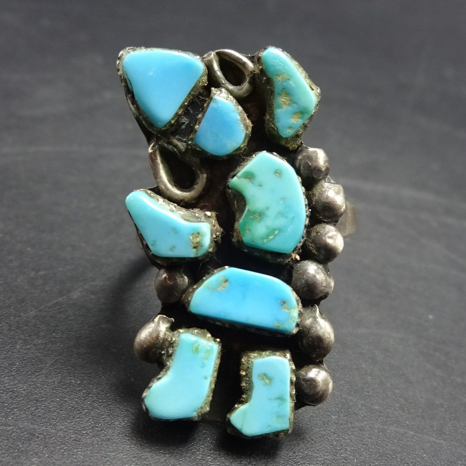 Old 1960 1970s TURQUOISE Sterling Silver RAINBOW MAN RING size 7.25 Vintage Pawn