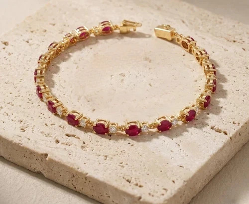 8.00Ct Oval Cut Simulated Ruby & Diamond Tennis Bracelet 14K Yellow Gold Plated