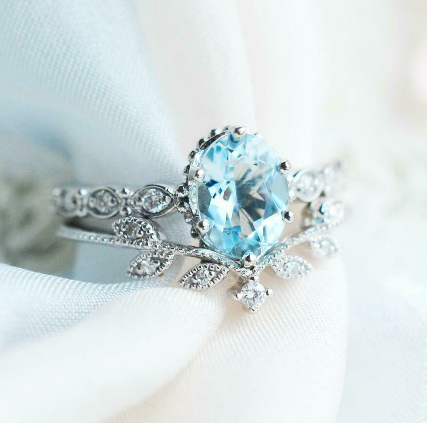 1.35Ct Aquamarine Oval Cut CZ Engagement Wedding Ring Set 925 Sterling Silver