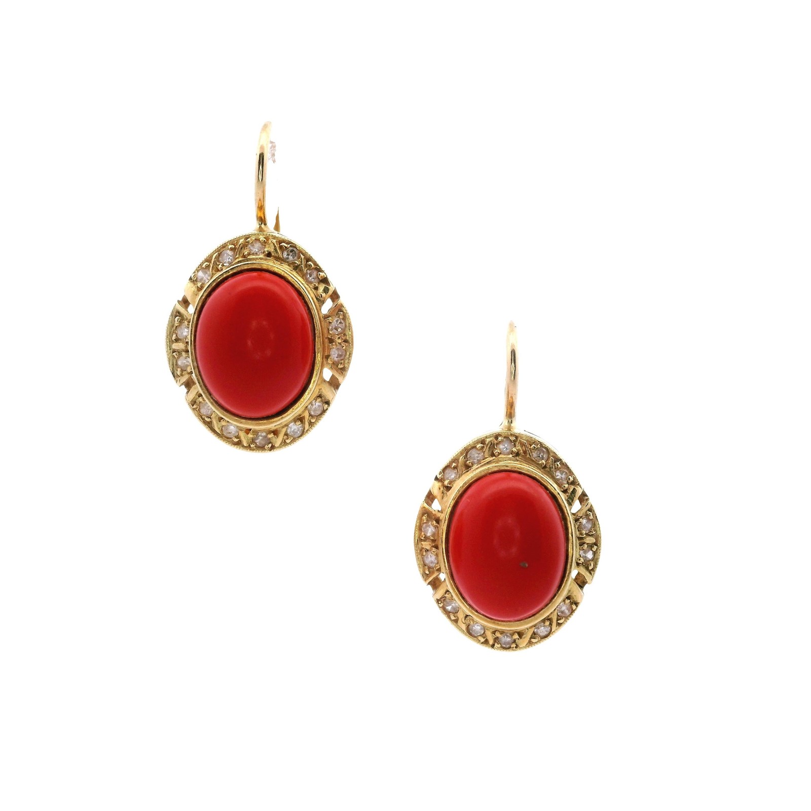 18kt yellow Gold Earrings with Italian coral and Diamonds