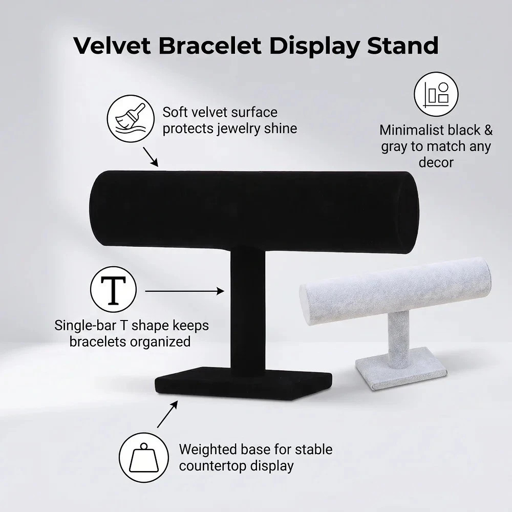 Velvet T-Bar Bracelet Display Stand Black Gray Jewelry Holder Watch Bangle Rack