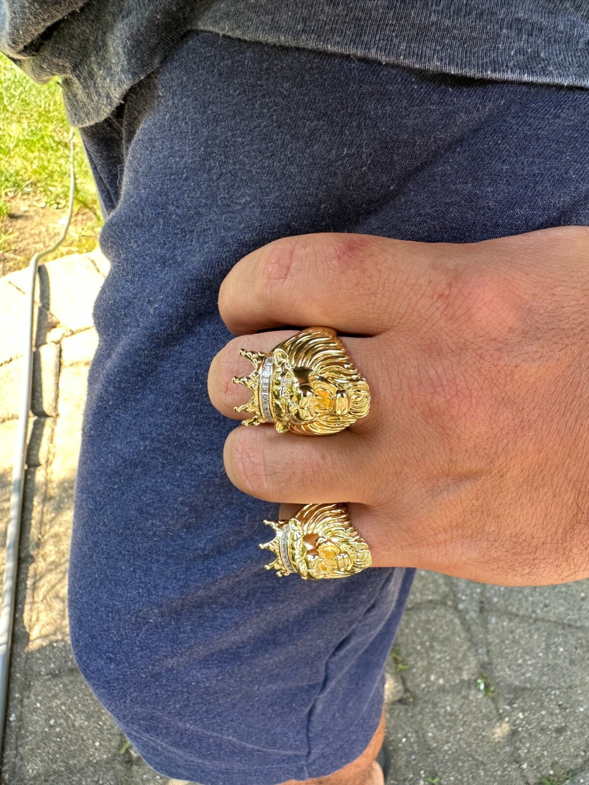 Lion W. Moissanite Baguette Crown 3D Mens Ring – 14k Gold Over Real 925 Silver