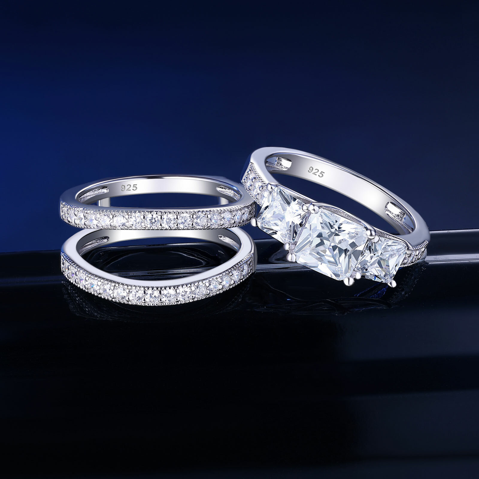 Three Stone Engagement Ring Princess Cut AAAAA Cz Wedding Ring Enhancer Set