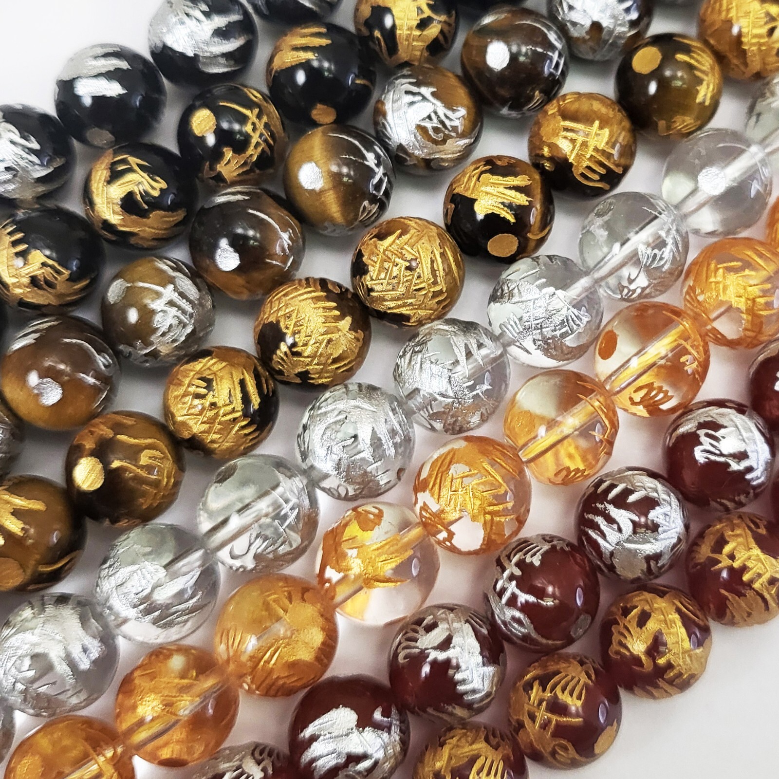 Gold Dragon Ball Gemstone Curved Dragon Round Beads Onyx, Crystal 10mm 12mm 14mm