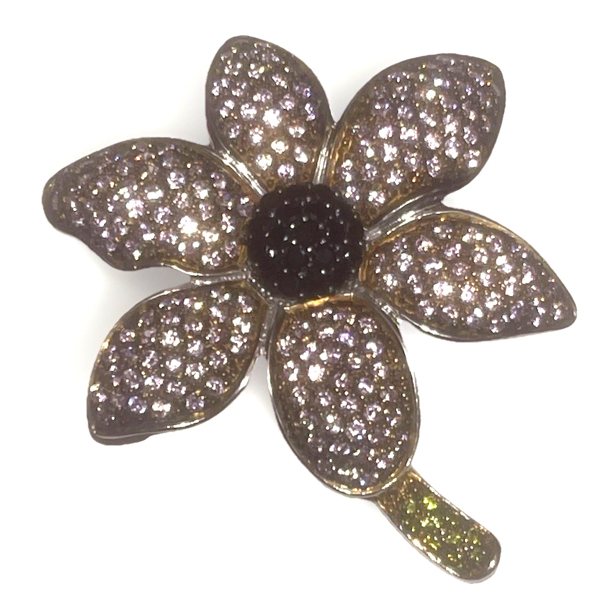 Vintage JJJ 2.5” Flower Pin With Pave Clear Brown Black Rhinestone