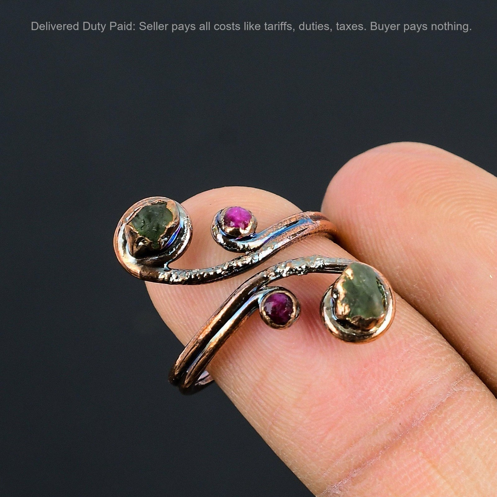 Multi Tourmaline Rough Stone Copper Electroformed Mother Stackable Ring Jewelry