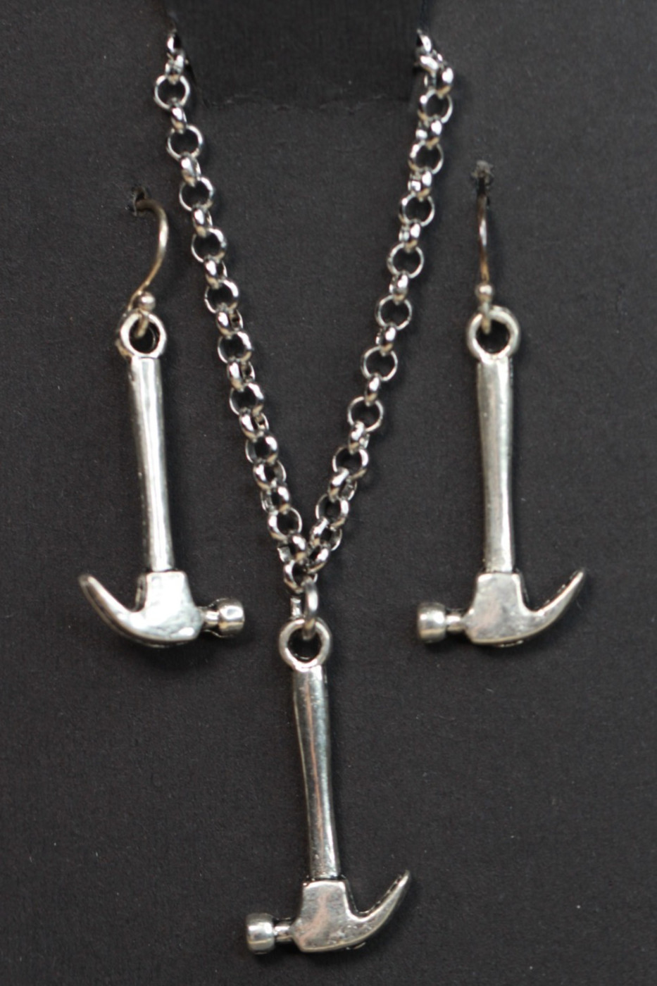 Hammer Tool Necklace Set Earrings Silver Pewter Charms, Sterling Silver Hooks