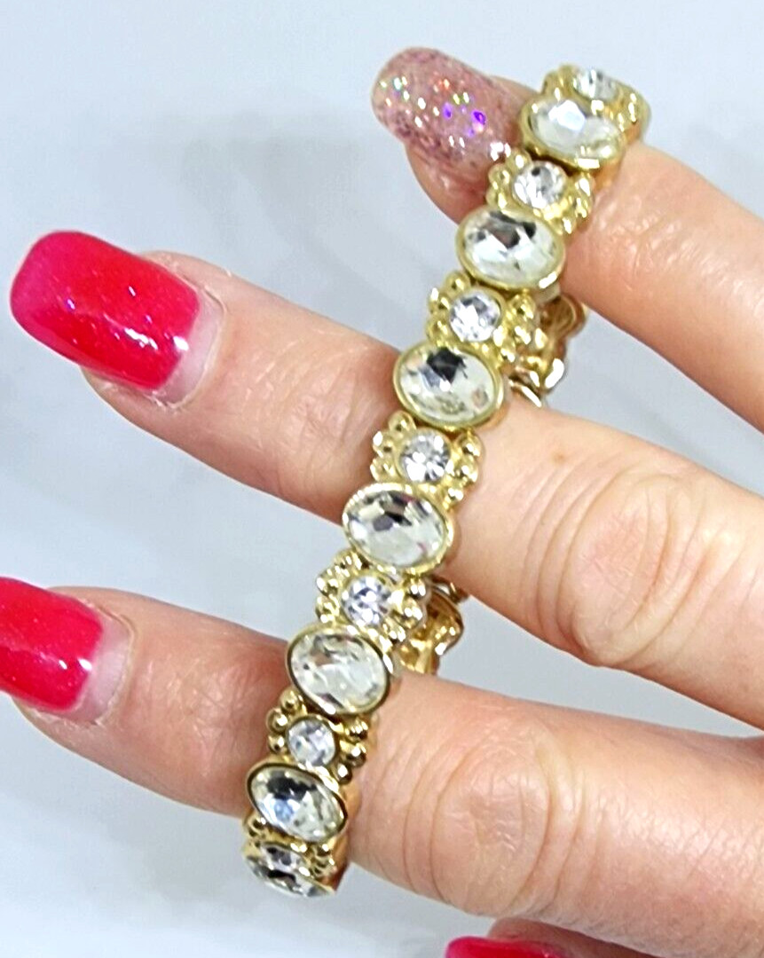 Quality Gold Plated Oval Round Rhinestone Stretch to Fit Dressy Holiday Bracelet