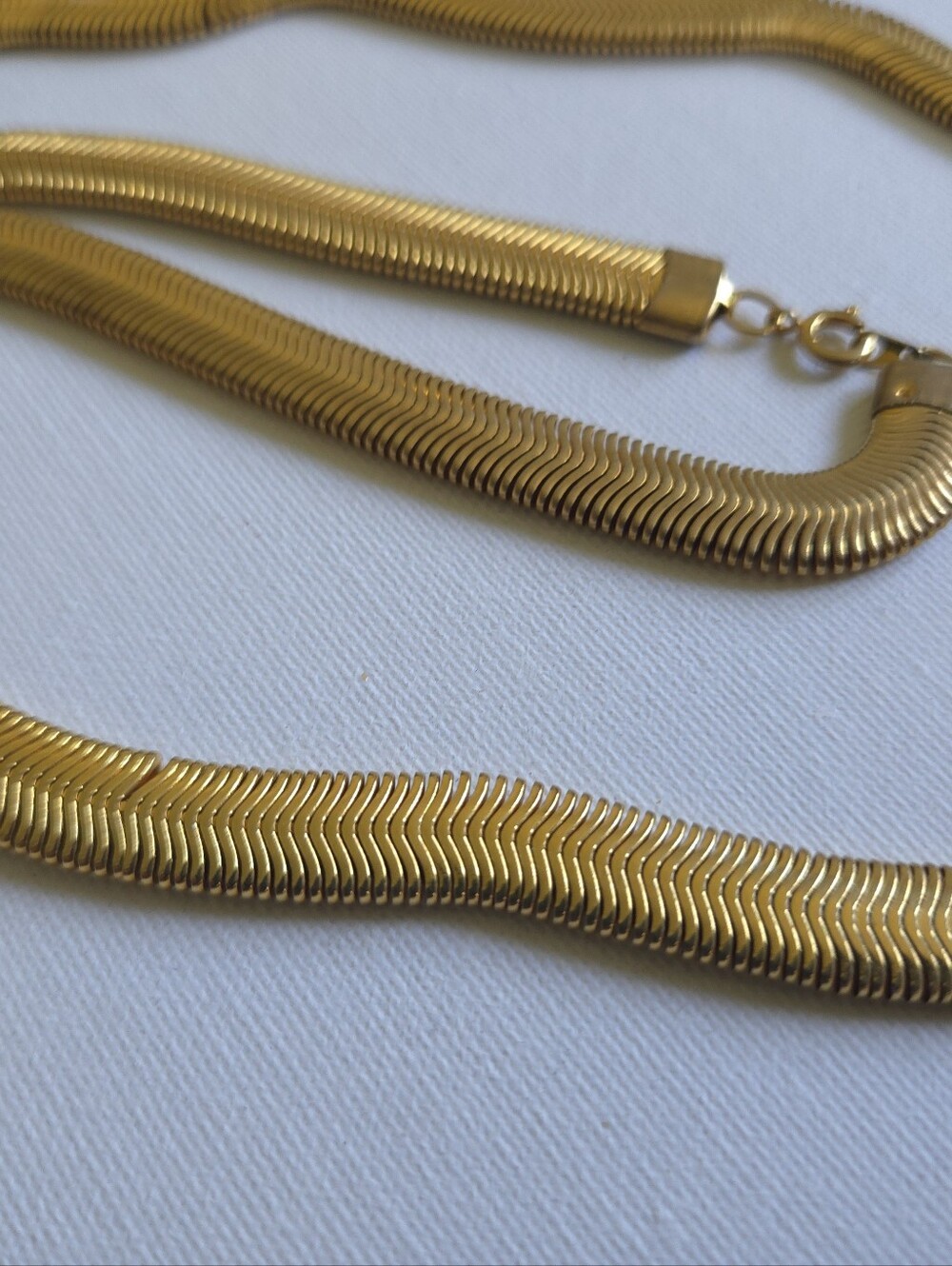 Vintage Gold Tone Wide Omega Herringbone Chain Necklace, Liquid Gold Snake Stran