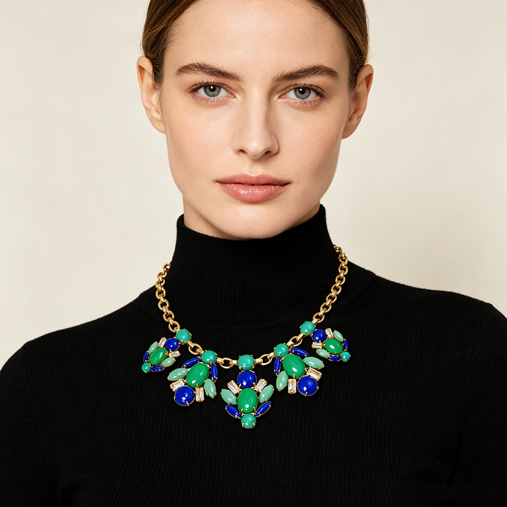 18K Gold Plated Brass Floral Bib Necklace Hand Set Color Resin Gem Short Choker