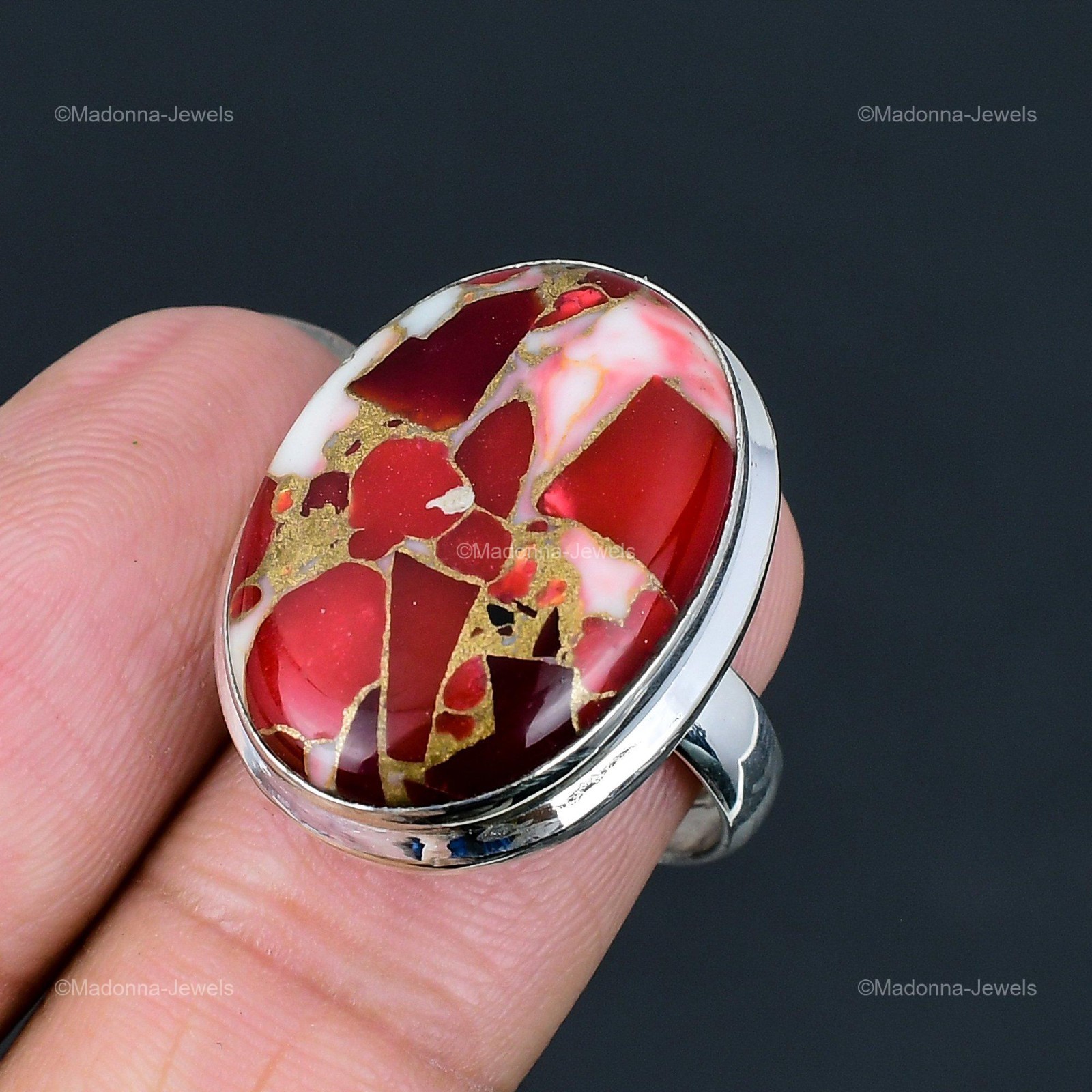 Oval Natural Kingman Red Mohave Copper Turquoise Sterling Silver Ring Jewelry