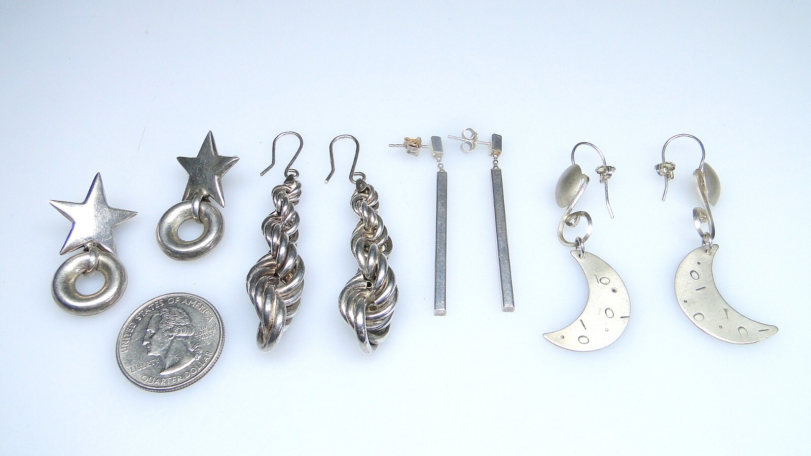 Large Sterling 4prs Dangle Earrings Silver Star Moon Twisted Lot