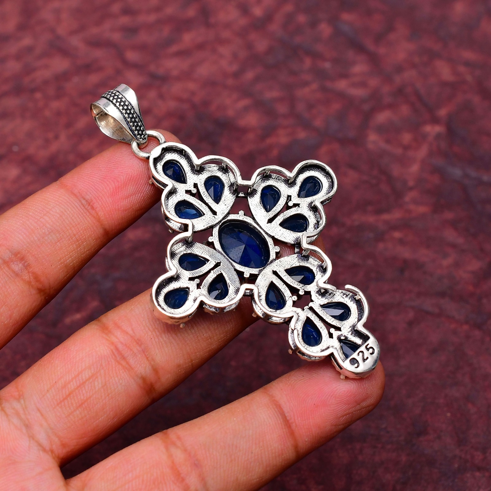 Blue Sapphire(Lab-Created) Gemstone 925 sterling silver Handmade Pendant : 2.75″