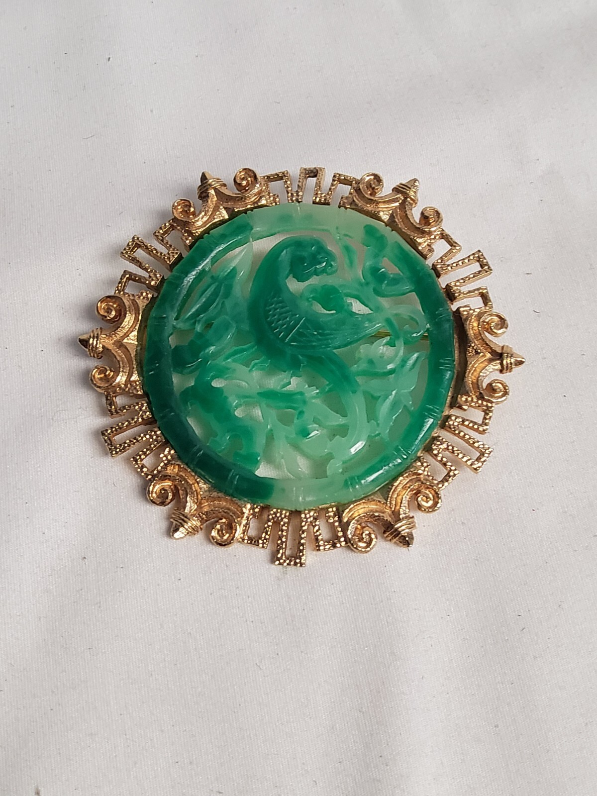 ANTIQUE RARE VENDOME EARLY 1960’s HUGE ASIAN FAUX JADE PHOENIX BROOCH PIN 3″