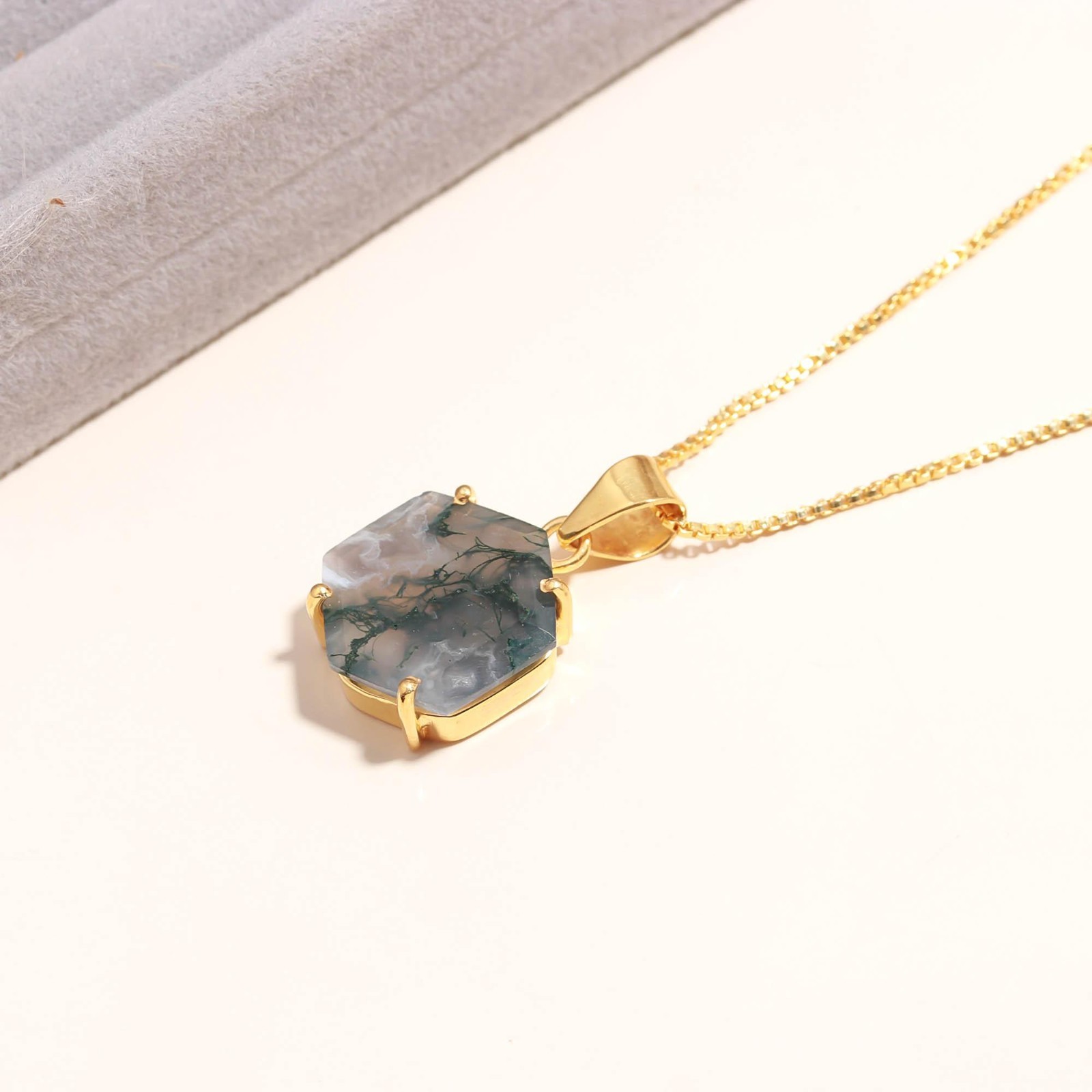 Natural Moss Agate Hexagon Necklace Gold Plated Solid Silver Handmade Jewelry