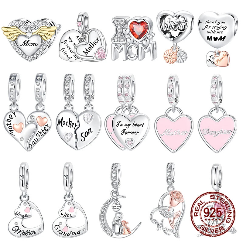 925 Sterling Silver Heart Shaped Daughter MOM Charm Beads Fit 4MM Hole Diameter