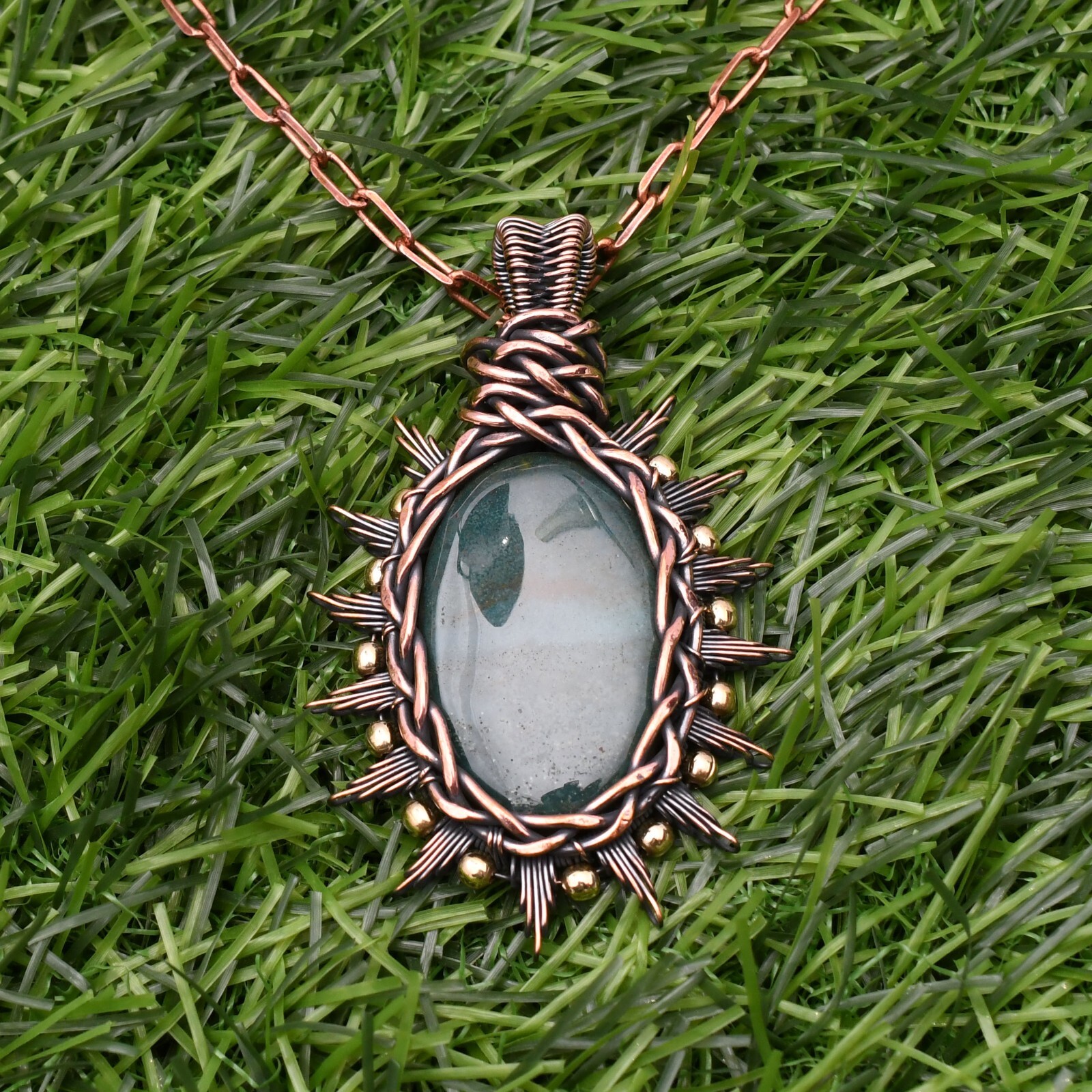 Blood Stone Gemstone Copper Wire Wrap Handmade Jewelry Pendant 2.28″