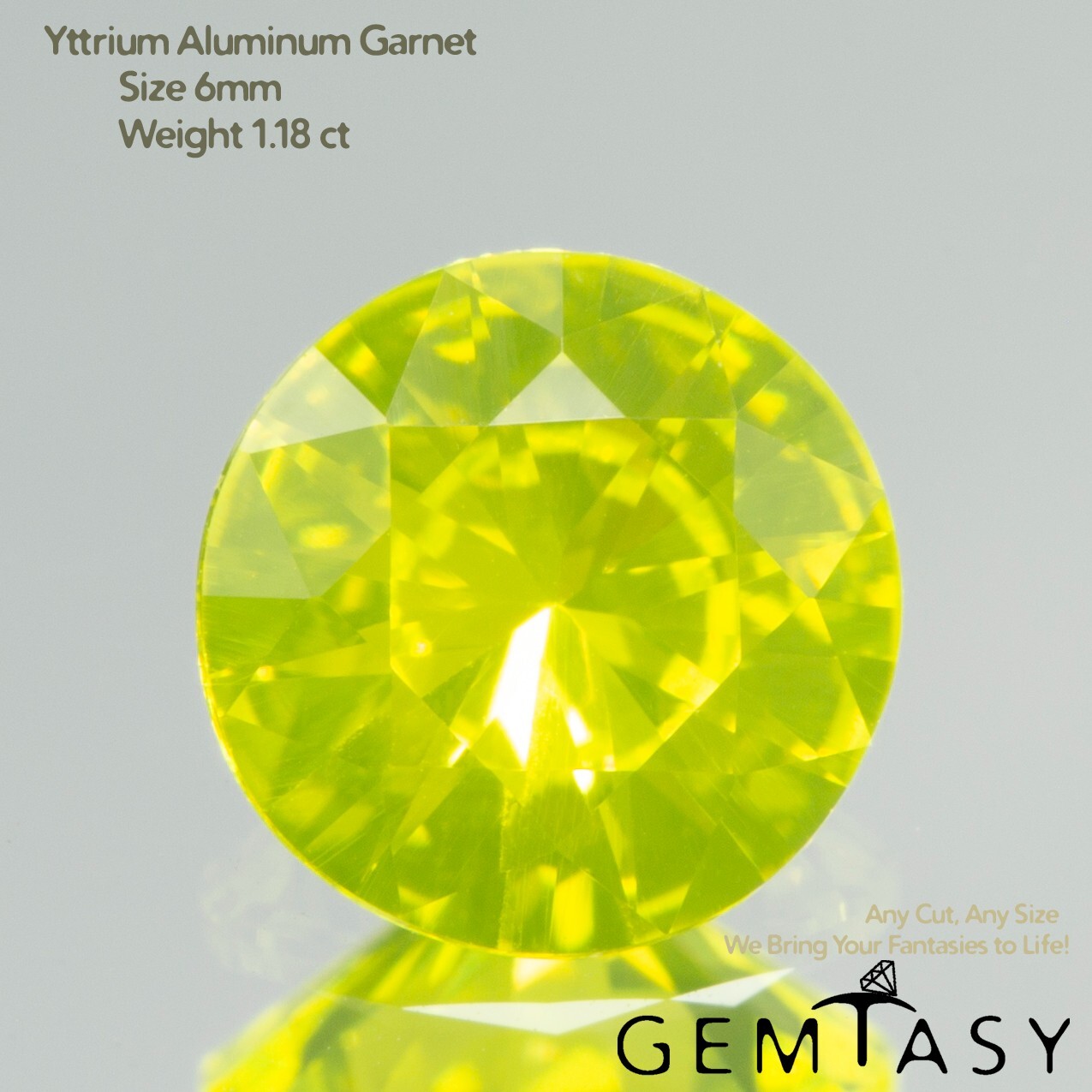 Cut stone – YAG Neon Czochralski (Pulled) lab grown, facet Round 6mm 1.01-1.18ct