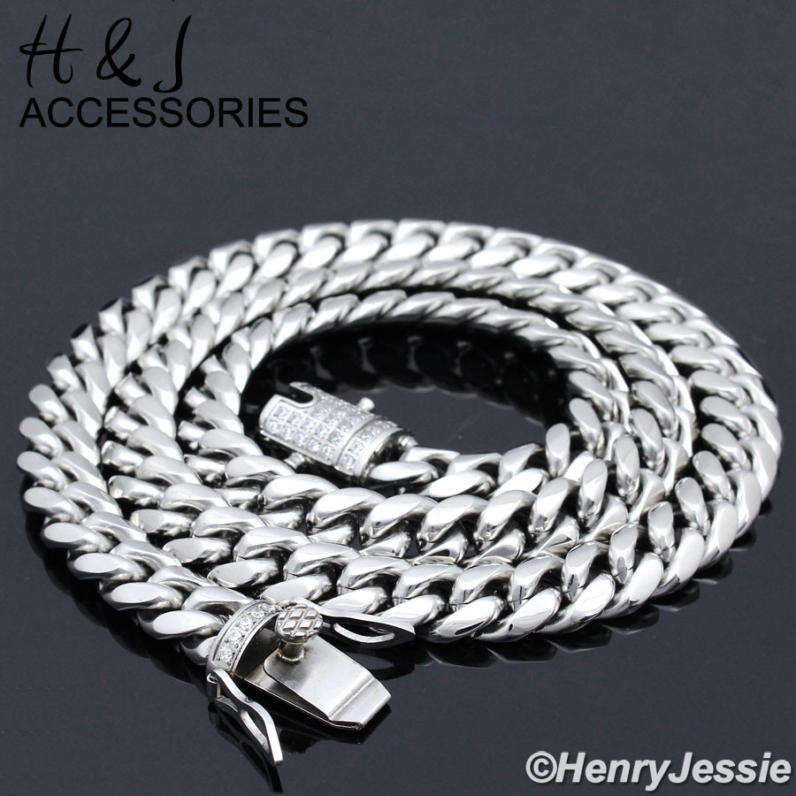 18-40″Stainless Steel 7/10/12/14mm Silver ICY CZ Miami Cuban Chain Necklace*158