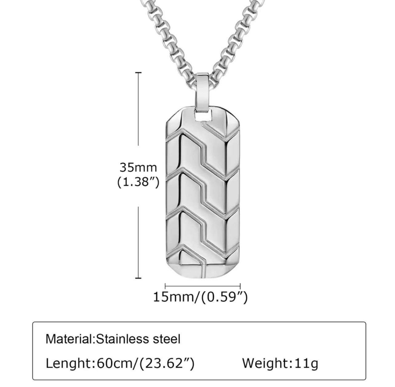 Men’s Silver Stainless Steel Necklace with Geometric Pattern, 60cm.
