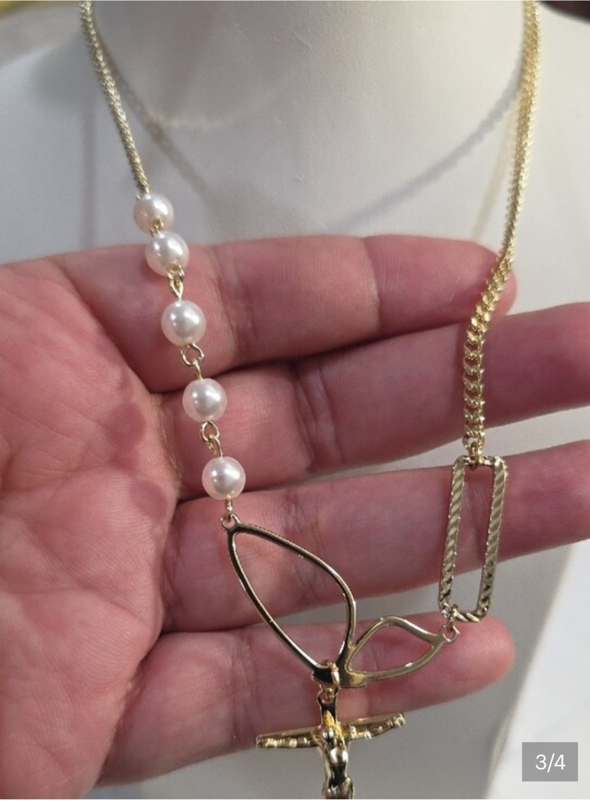 14k Gold Plated Cuban Chain Necklace w/ Cross Charm Pendant & Simulated Pearls