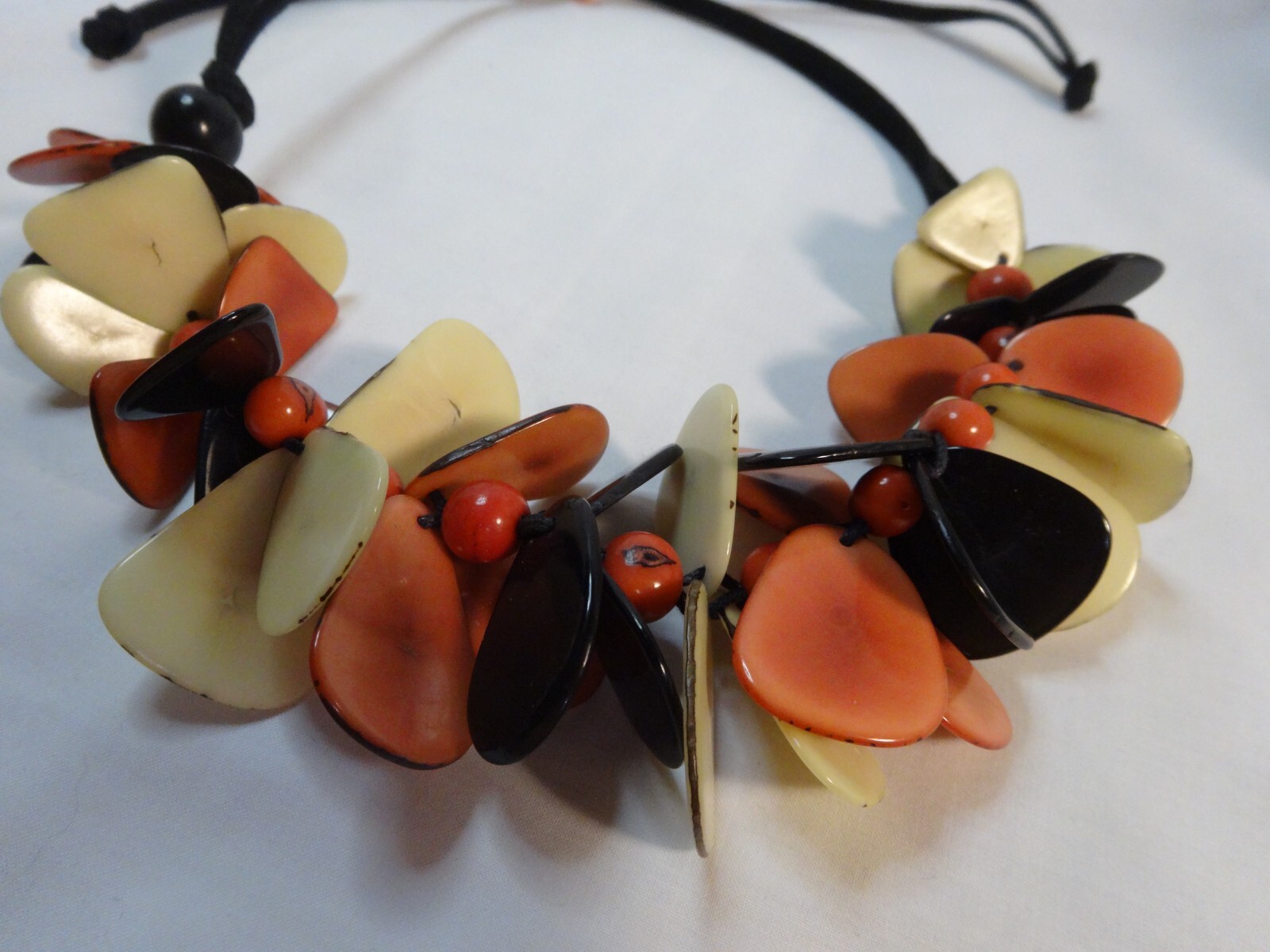 Stunning Acrylic Peach Cream Black Petal Beads Leather Cord adjustable via Slide