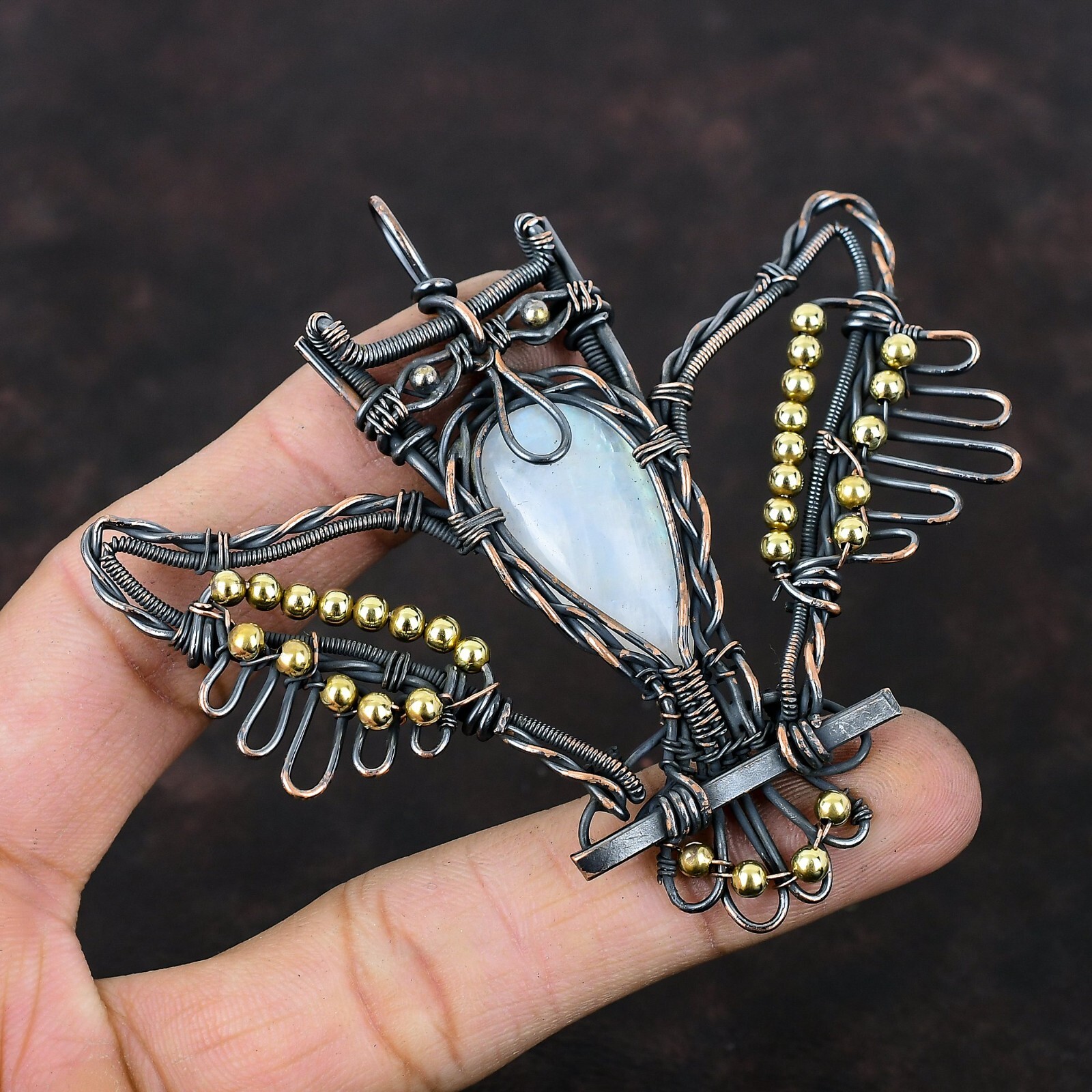 Rainbow Moonstone Wire Wrapped Owl Pendant Handcrafted Copper Unique Gift 3.15″