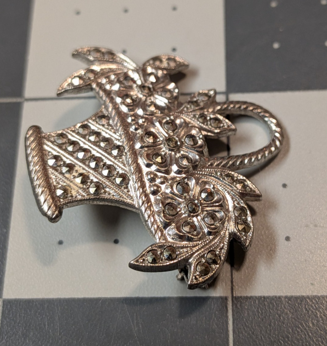 Vintage Sterling Silver Marcasite Flower Basket Brooch Pin 6.58g