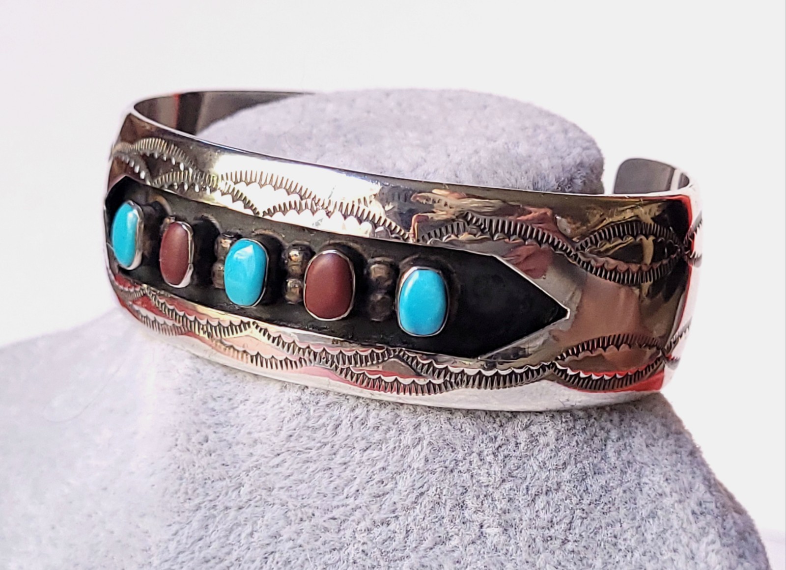 Navajo W. Long Sterling Silver Cuff Bracelet Turquoise Coral Shadowbox Stampwork