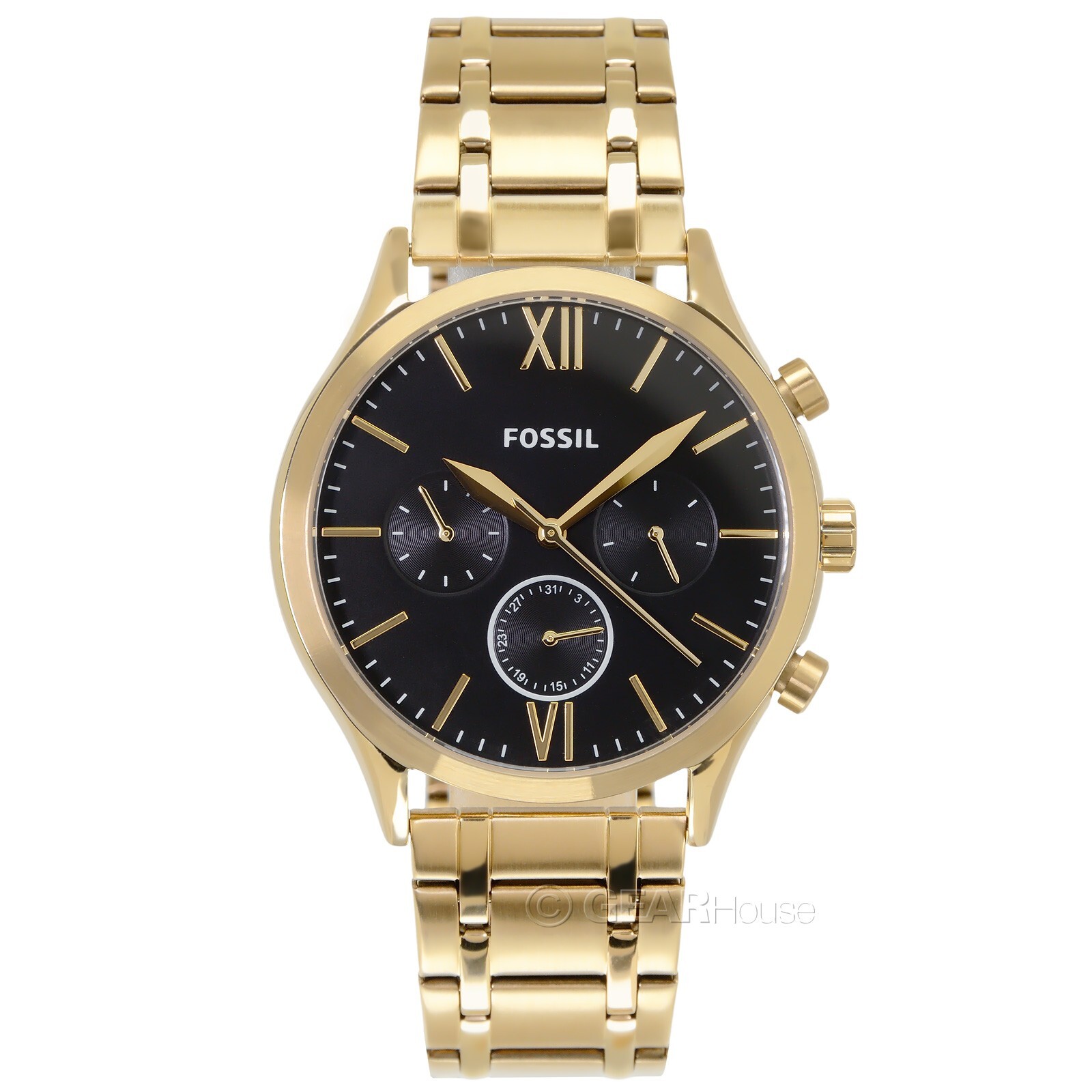 FOSSIL Fenmore Mens Gold Multifunction Watch, Black Dial Date, Stainless Steel