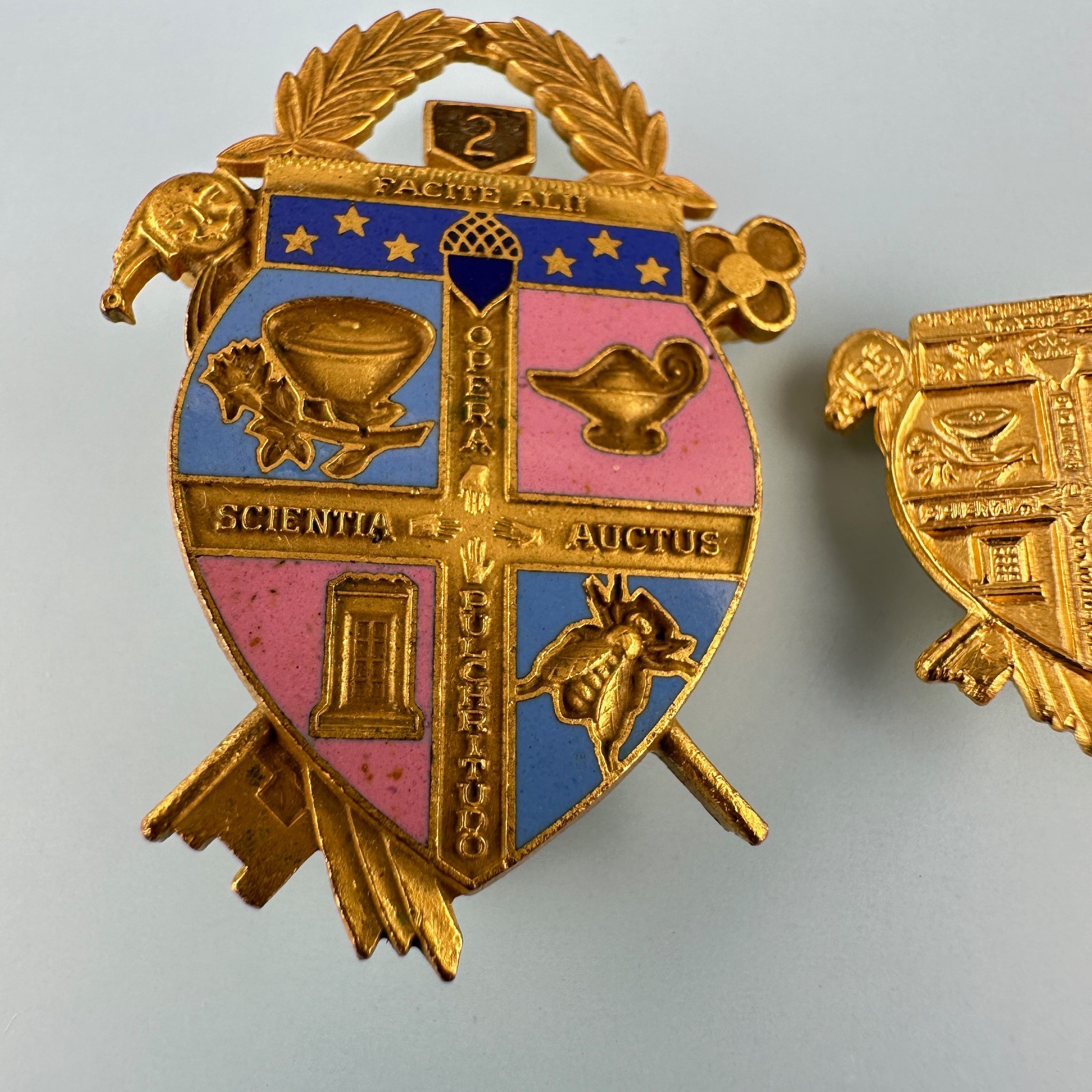 Vintage Coat of Arms Pin Lot Gold Tone Facital Scientia Auctus Opera Pulchritudo