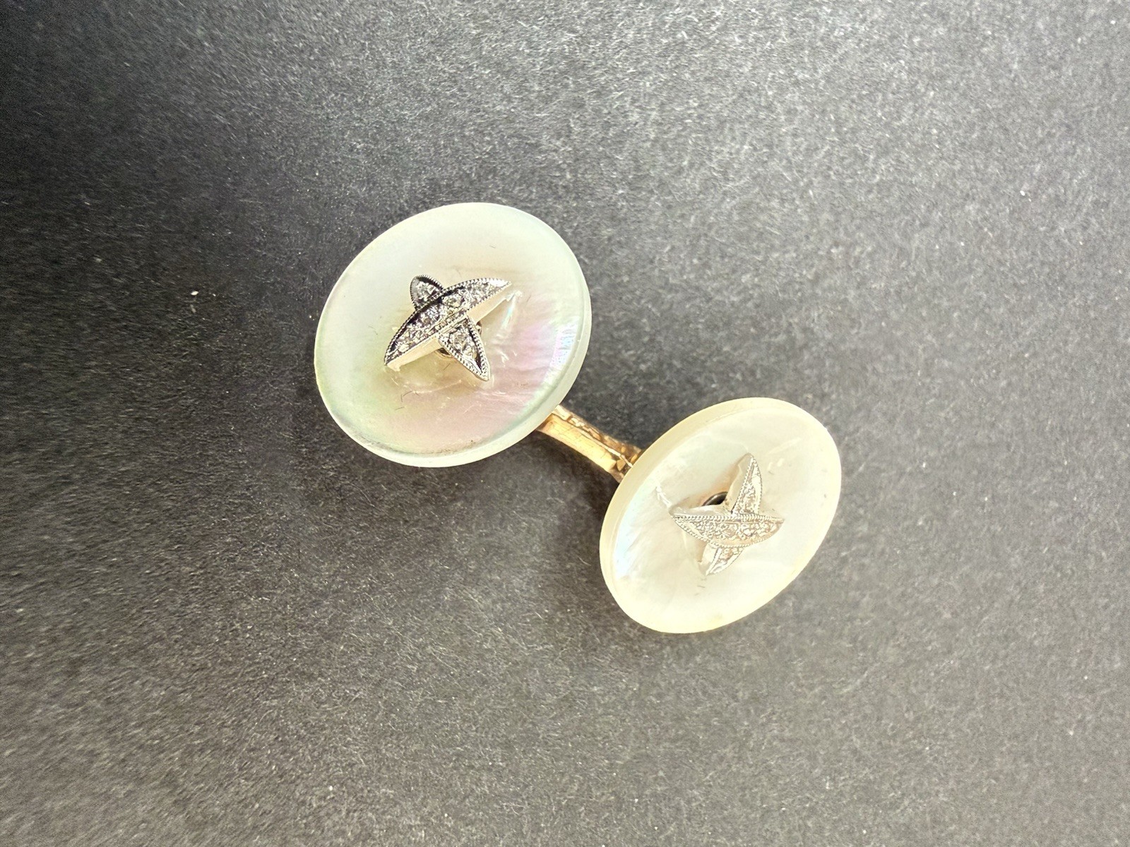 Rare Larter Mother Of Pearl Diamond Cufflinks With 14 kt Gold Link